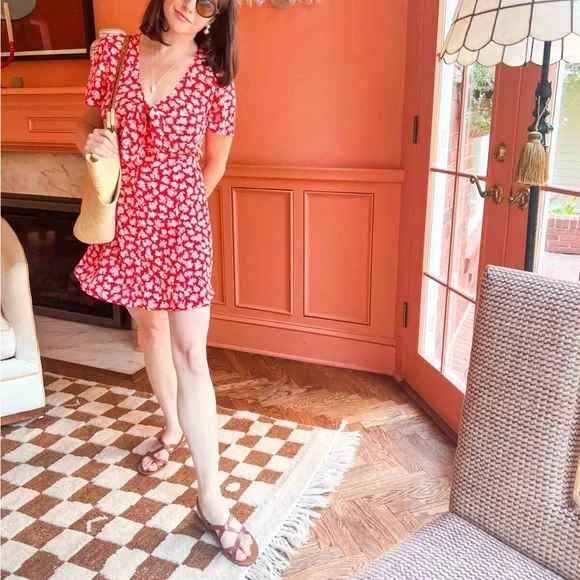 Sézane Norabel Silk Red Floral Mini Dress FR 34 XS Summer - Picture 7 of 7